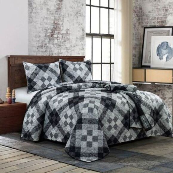 NEW! Black Farmhouse Patchwork Reversible QUEEN Quilt Set Diamond Block Cottage - Picture 4 of 5